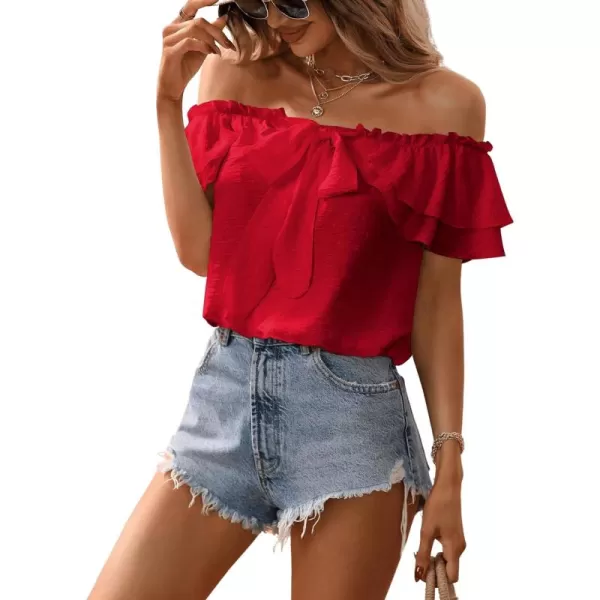 SweatyRocks Women's Off Shoulder Ruffle Trim Knot Front Blouse Tiered Layer Butterfly Short Sleeve Chiffon Tops Summer