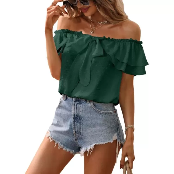 SweatyRocks Women's Off Shoulder Ruffle Trim Knot Front Blouse Tiered Layer Butterfly Short Sleeve Chiffon Tops Summer