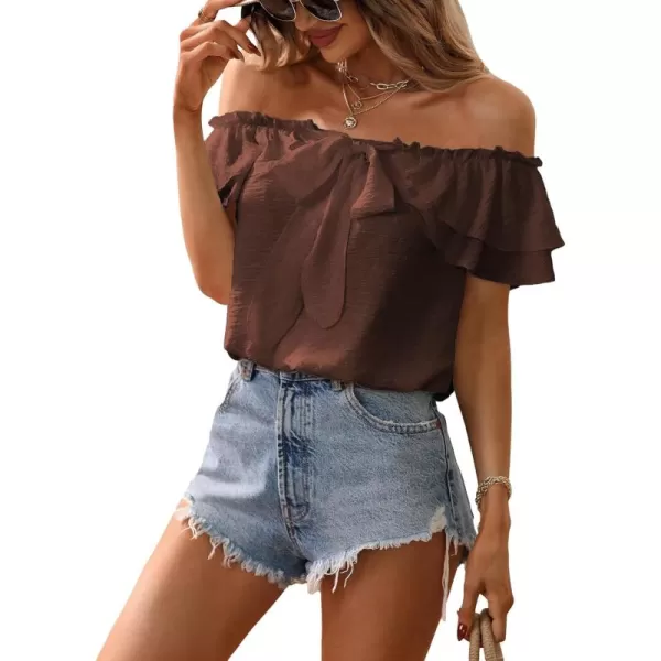 SweatyRocks Women's Off Shoulder Ruffle Trim Knot Front Blouse Tiered Layer Butterfly Short Sleeve Chiffon Tops Summer