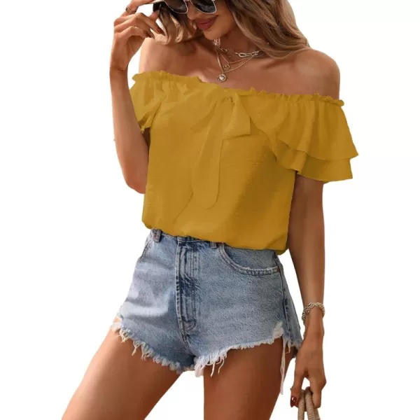 SweatyRocks Women's Off Shoulder Ruffle Trim Knot Front Blouse Tiered Layer Butterfly Short Sleeve Chiffon Tops Summer
