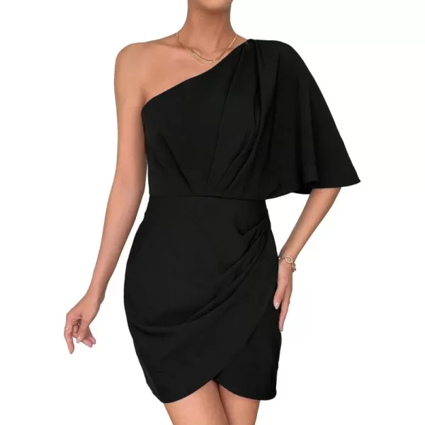 SweatyRocks Women's One Shoulder Asymmetrical Hem Dress Ruched Half Sleeve Mini Dresses