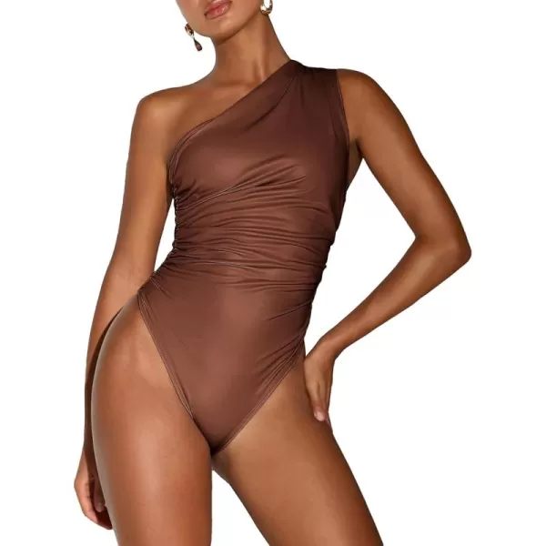 SweatyRocks Women's PU Leather One Shoulder Ruched Bodysuit Slim Fit Cami Bodycon Jumpsuit