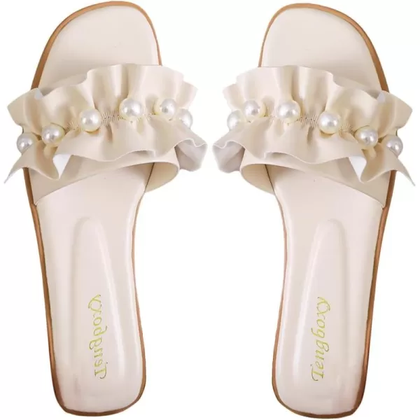 SweatyRocks Women's PU Leather Pearls Decor Flat Sandals Ruffle Open Toe Slide Sandals