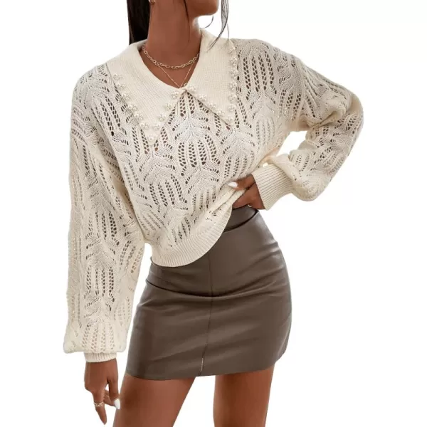 SweatyRocks Women's Pearls Beaded Collared Long Sleeve Hollow Out Sweater Pointelle Knit Drop Shoulder Cropped Top