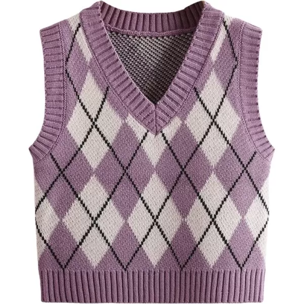 SweatyRocks Women's Plaid Geo Sleeveless V Neck Knit Crop Top Sweater Vest