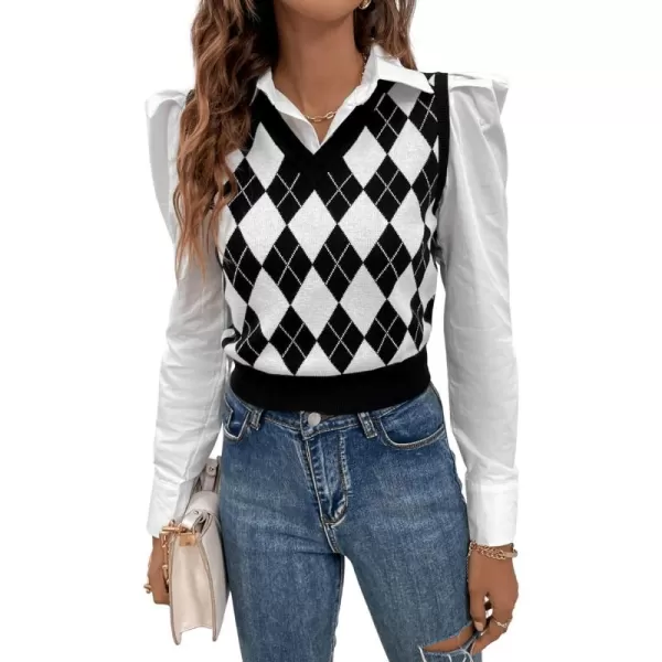 SweatyRocks Women's Plaid Geo Sleeveless V Neck Knit Crop Top Sweater Vest