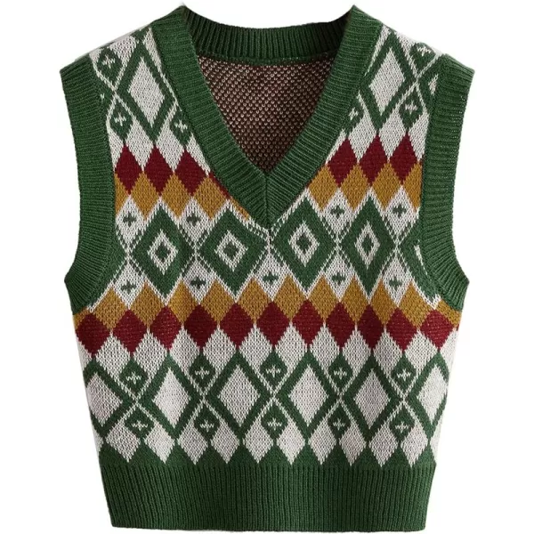 SweatyRocks Women's Plaid Geo Sleeveless V Neck Knit Crop Top Sweater Vest