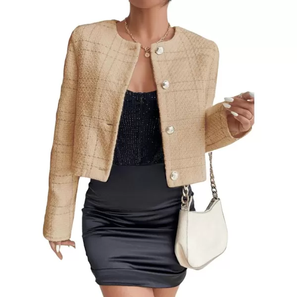 SweatyRocks Women's Plaid Long Sleeve Round Neck Button Down Crop Jacket Single Breasted Short Coat Top