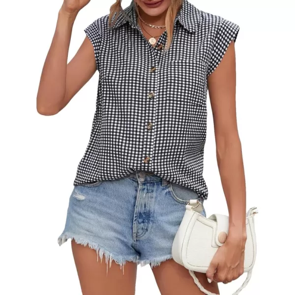 SweatyRocks Women's Plaid Print Cap Sleeve Shirt Casual Summer Button Down Blouse with Pocket