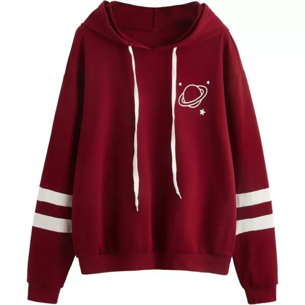 SweatyRocks Women's Planet Print Varsity Striped Drawstring Pullover Sweatshirt Hoodies Tops