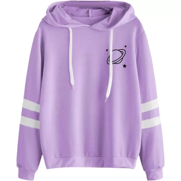 SweatyRocks Women's Planet Print Varsity Striped Drawstring Pullover Sweatshirt Hoodies Tops