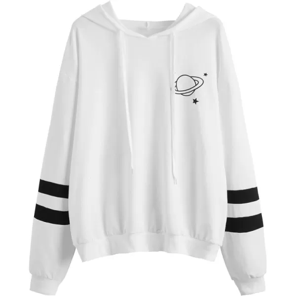 SweatyRocks Women's Planet Print Varsity Striped Drawstring Pullover Sweatshirt Hoodies Tops