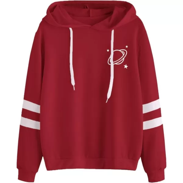SweatyRocks Women's Planet Print Varsity Striped Drawstring Pullover Sweatshirt Hoodies Tops