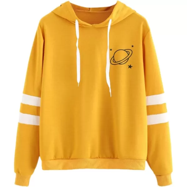 SweatyRocks Women's Planet Print Varsity Striped Drawstring Pullover Sweatshirt Hoodies Tops