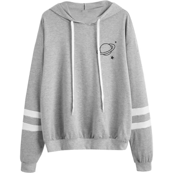SweatyRocks Women's Planet Print Varsity Striped Drawstring Pullover Sweatshirt Hoodies Tops