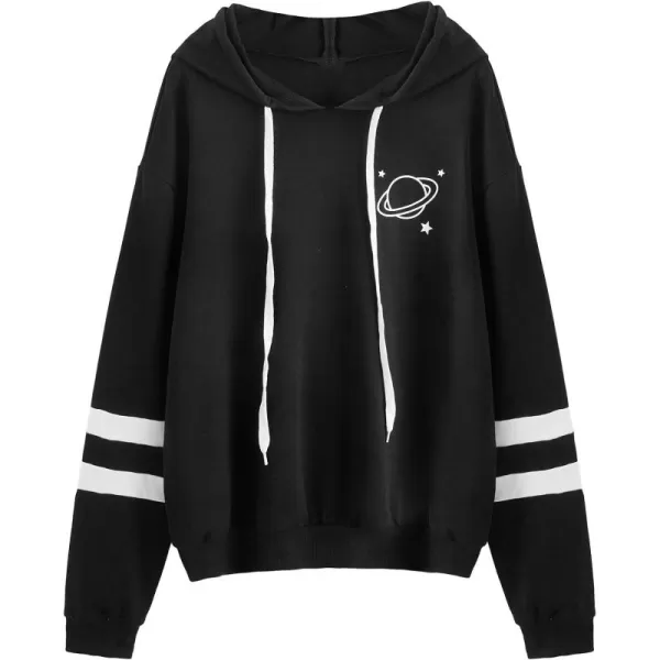 SweatyRocks Women's Planet Print Varsity Striped Drawstring Pullover Sweatshirt Hoodies Tops