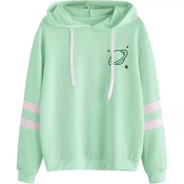 SweatyRocks Women's Planet Print Varsity Striped Drawstring Pullover Sweatshirt Hoodies Tops