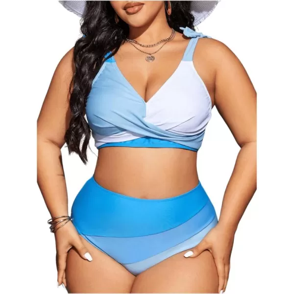 SweatyRocks Women's Plus Size 2 Piece Bikini Set Color Block Wrap Ruched Swimsuit High Waist Bathing Suit