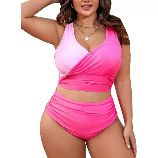 SweatyRocks Women's Plus Size 2 Piece Bikini Set Color Block Wrap Ruched Swimsuit High Waist Bathing Suit