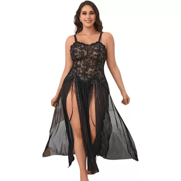 SweatyRocks Women's Plus Size 2 Piece Floral Lace Split Mesh Nightgown with Thongs Babydoll Lingerie