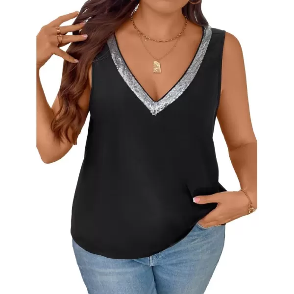 SweatyRocks Women's Plus Size Glitter Sequin V Neck Tank Top Sparkle Color Block Sleeveless Cami Top