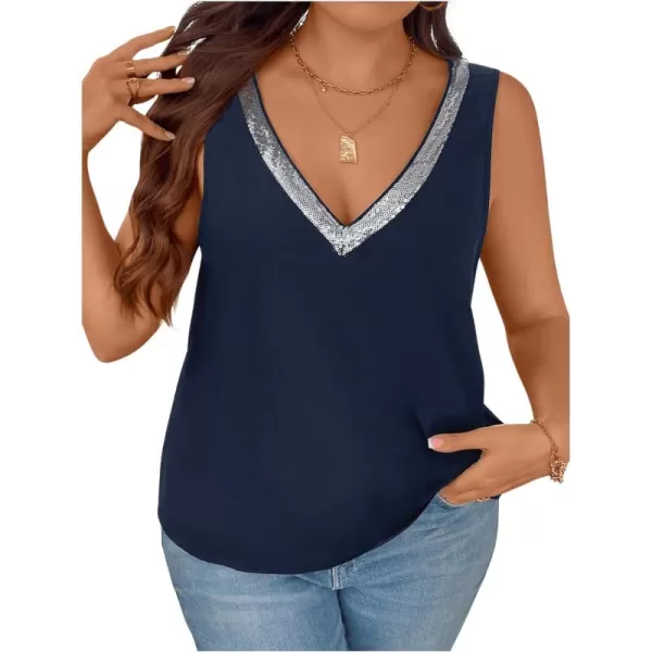 SweatyRocks Women's Plus Size Glitter Sequin V Neck Tank Top Sparkle Color Block Sleeveless Cami Top