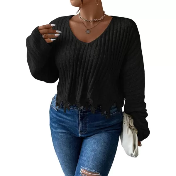 SweatyRocks Women's Plus Size Long Sleeve Drop Shoulder Crop Knit Sweater Distressed Raw Hem Casual Pullover Crop Sweaters