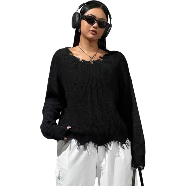SweatyRocks Women's Plus Size Long Sleeve Drop Shoulder Crop Knit Sweater Distressed Raw Hem Casual Pullover Crop Sweaters