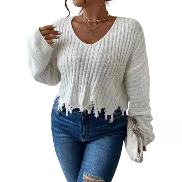 SweatyRocks Women's Plus Size Long Sleeve Drop Shoulder Crop Knit Sweater Distressed Raw Hem Casual Pullover Crop Sweaters