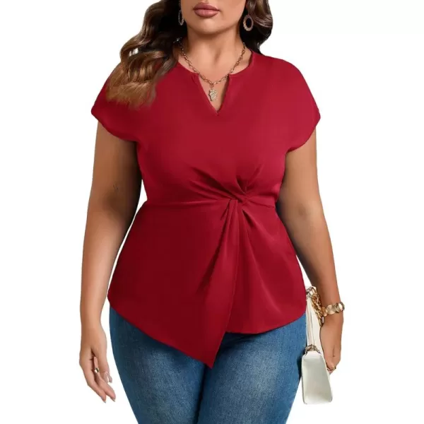 SweatyRocks Women's Plus Size Twist Front Asymmetrical Hem Peplum Blouse Short Sleeve V Neck Shirts Top
