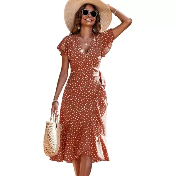 SweatyRocks Women's Polka Dots Short Sleeve V Neck Wrap Dress Tie Side Ruffle Midi Dresses