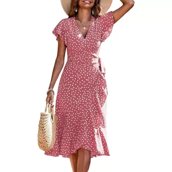 SweatyRocks Women's Polka Dots Short Sleeve V Neck Wrap Dress Tie Side Ruffle Midi Dresses