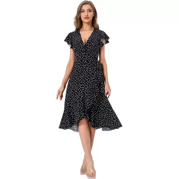 SweatyRocks Women's Polka Dots Short Sleeve V Neck Wrap Dress Tie Side Ruffle Midi Dresses