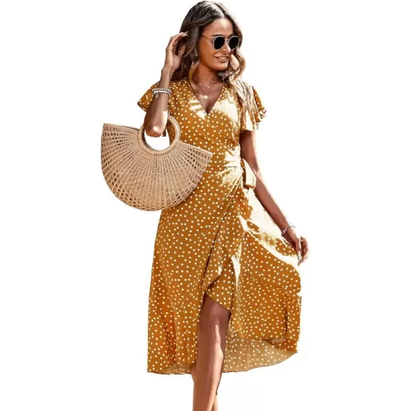 SweatyRocks Women's Polka Dots Short Sleeve V Neck Wrap Dress Tie Side Ruffle Midi Dresses
