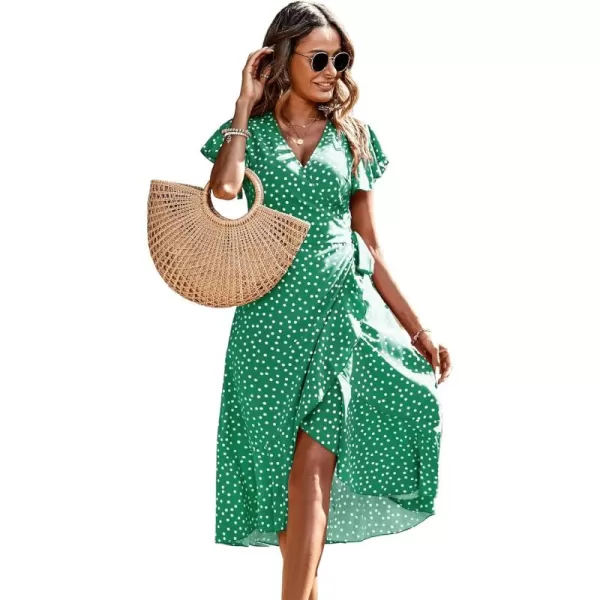 SweatyRocks Women's Polka Dots Short Sleeve V Neck Wrap Dress Tie Side Ruffle Midi Dresses