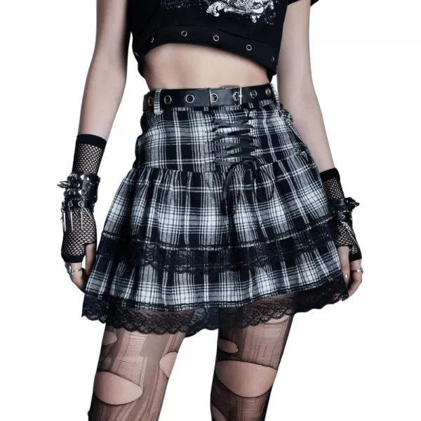 SweatyRocks Women's Punk Gothic Skirt High Waist Mini Plaid Pleated Skirt Lace A-Line Skater Skirt with Belt