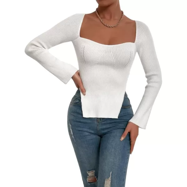 SweatyRocks Women's Ribbed Knit Split Hem Top Long Sleeve Square Neck Slim Fit Sweater