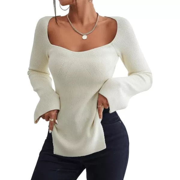 SweatyRocks Women's Ribbed Knit Split Hem Top Long Sleeve Square Neck Slim Fit Sweater