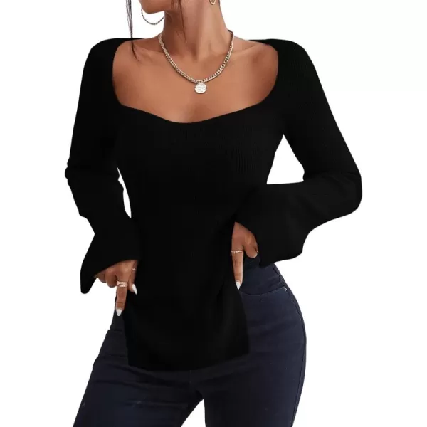 SweatyRocks Women's Ribbed Knit Split Hem Top Long Sleeve Square Neck Slim Fit Sweater