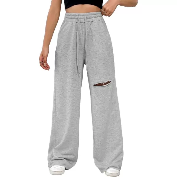 SweatyRocks Women's Ripped Drawstring High Waist Baggy Straight Leg Joggers Sweatpants with Pockets