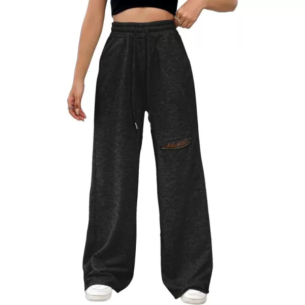 SweatyRocks Women's Ripped Drawstring High Waist Baggy Straight Leg Joggers Sweatpants with Pockets