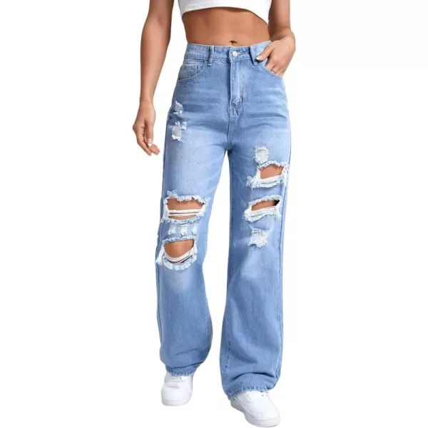 SweatyRocks Women's Ripped Straight Leg Jeans High Waist Distressed Cutout Denim Pants