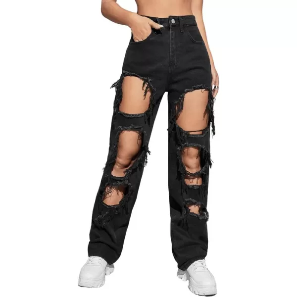 SweatyRocks Women's Ripped Straight Leg Jeans High Waist Distressed Cutout Denim Pants