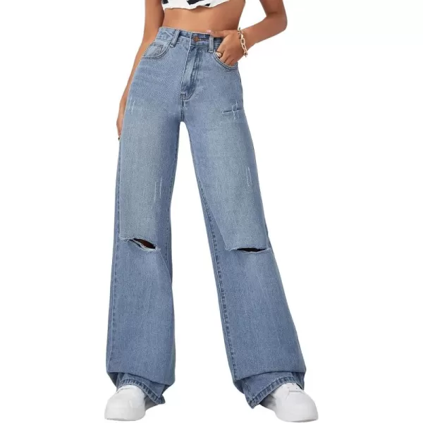 SweatyRocks Women's Ripped Straight Leg Jeans High Waist Distressed Cutout Denim Pants