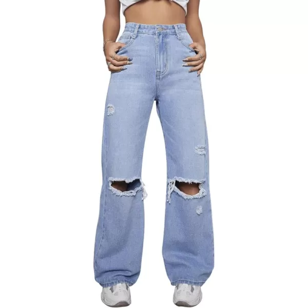 SweatyRocks Women's Ripped Straight Leg Jeans High Waist Distressed Cutout Denim Pants