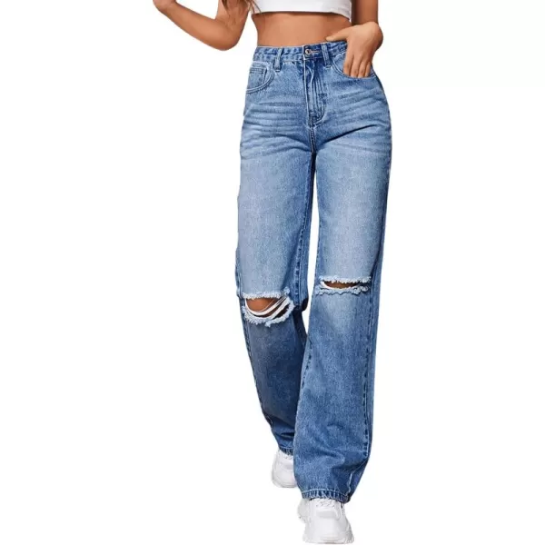 SweatyRocks Women's Ripped Straight Leg Jeans High Waist Distressed Cutout Denim Pants