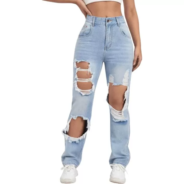 SweatyRocks Women's Ripped Straight Leg Jeans High Waist Distressed Cutout Denim Pants