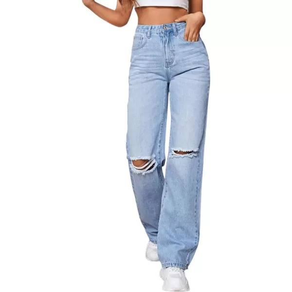 SweatyRocks Women's Ripped Straight Leg Jeans High Waist Distressed Cutout Denim Pants