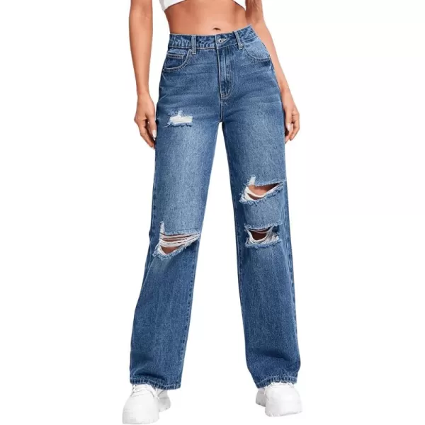 SweatyRocks Women's Ripped Straight Leg Jeans High Waist Distressed Cutout Denim Pants