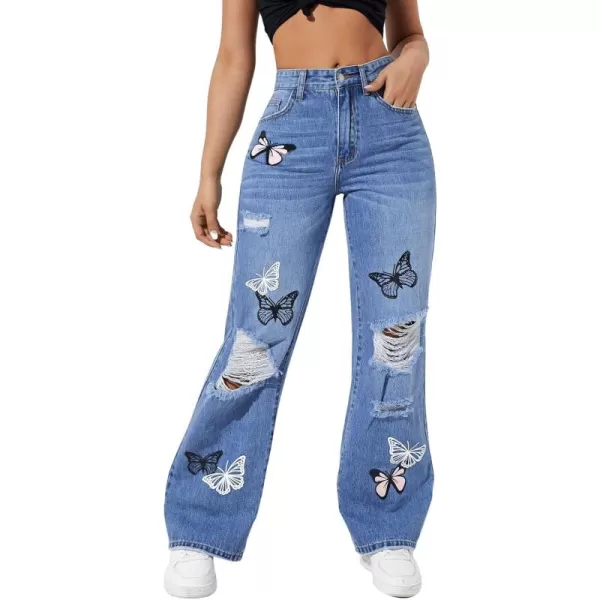 SweatyRocks Women's Ripped Straight Leg Jeans High Waist Distressed Cutout Denim Pants